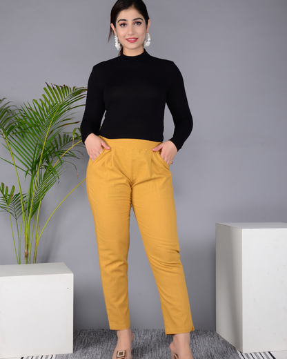 Golden Solid Cotton Flex Women Regular Fit Trousers