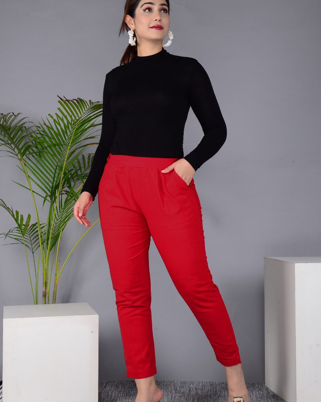 Red Solid Cotton Flex Women Regular Fit Trousers