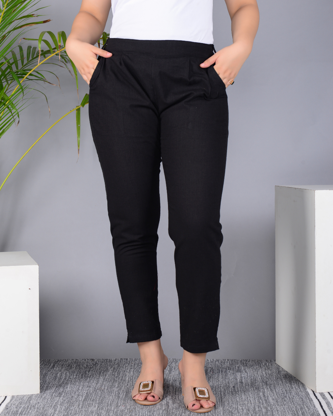 Black Solid Cotton Flex Women Regular Fit Trousers