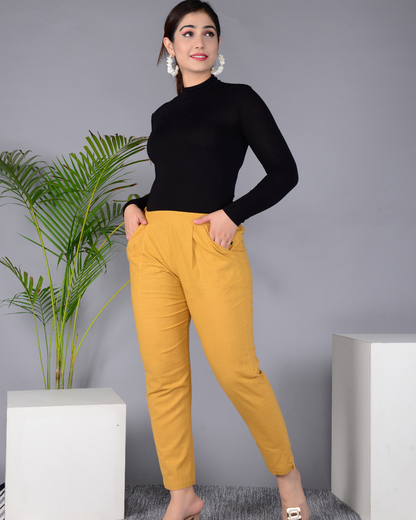 Golden Solid Cotton Flex Women Regular Fit Trousers