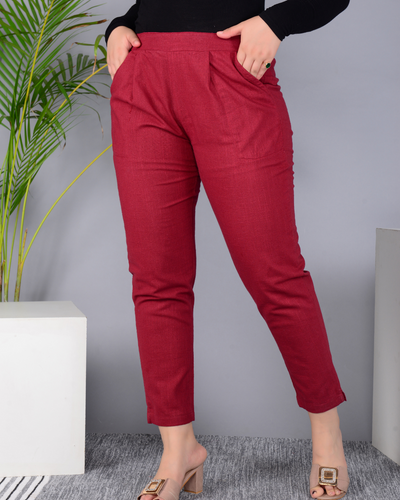 Maroon Solid Cotton Flex Women Regular Fit Trousers