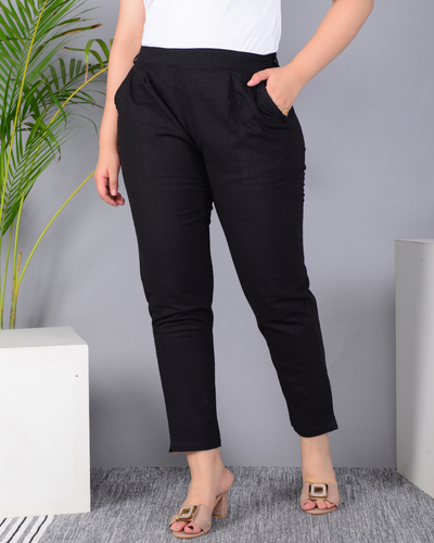 Black Solid Cotton Flex Women Regular Fit Trousers