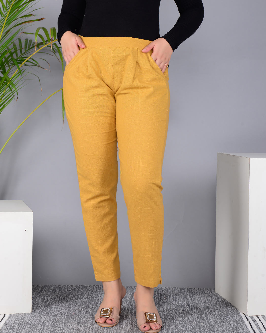 Golden Solid Cotton Flex Women Regular Fit Trousers