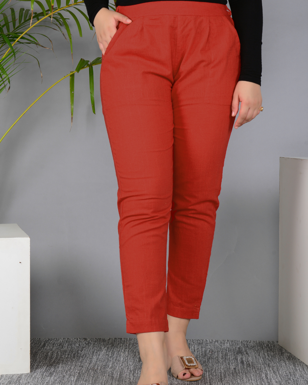 Red Solid Cotton Flex Women Regular Fit Trousers