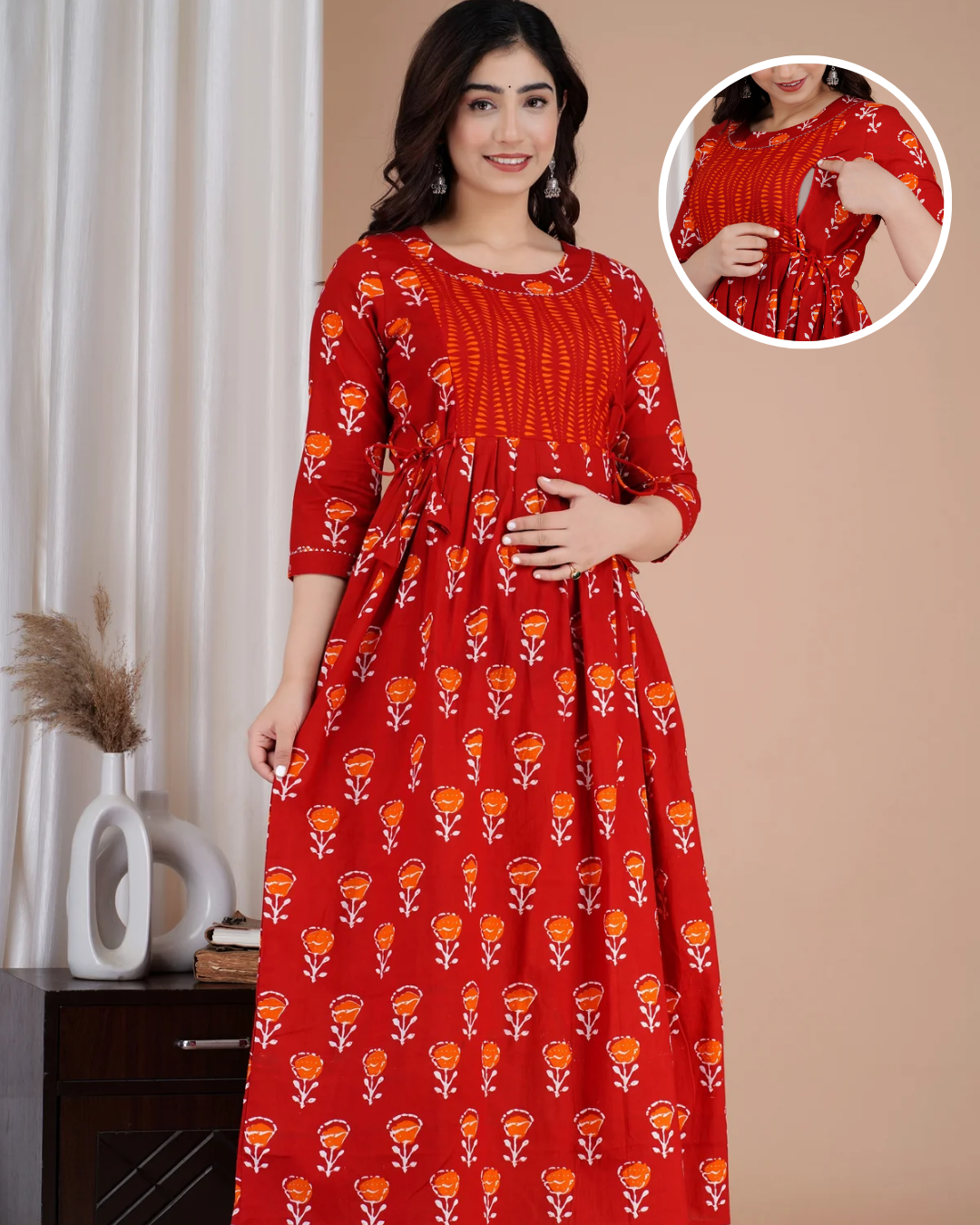 Red Orange Yog Maternity Nursing Gown with Feeding Zip