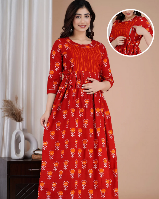 Red Orange Yog Maternity Nursing Gown with Feeding Zip