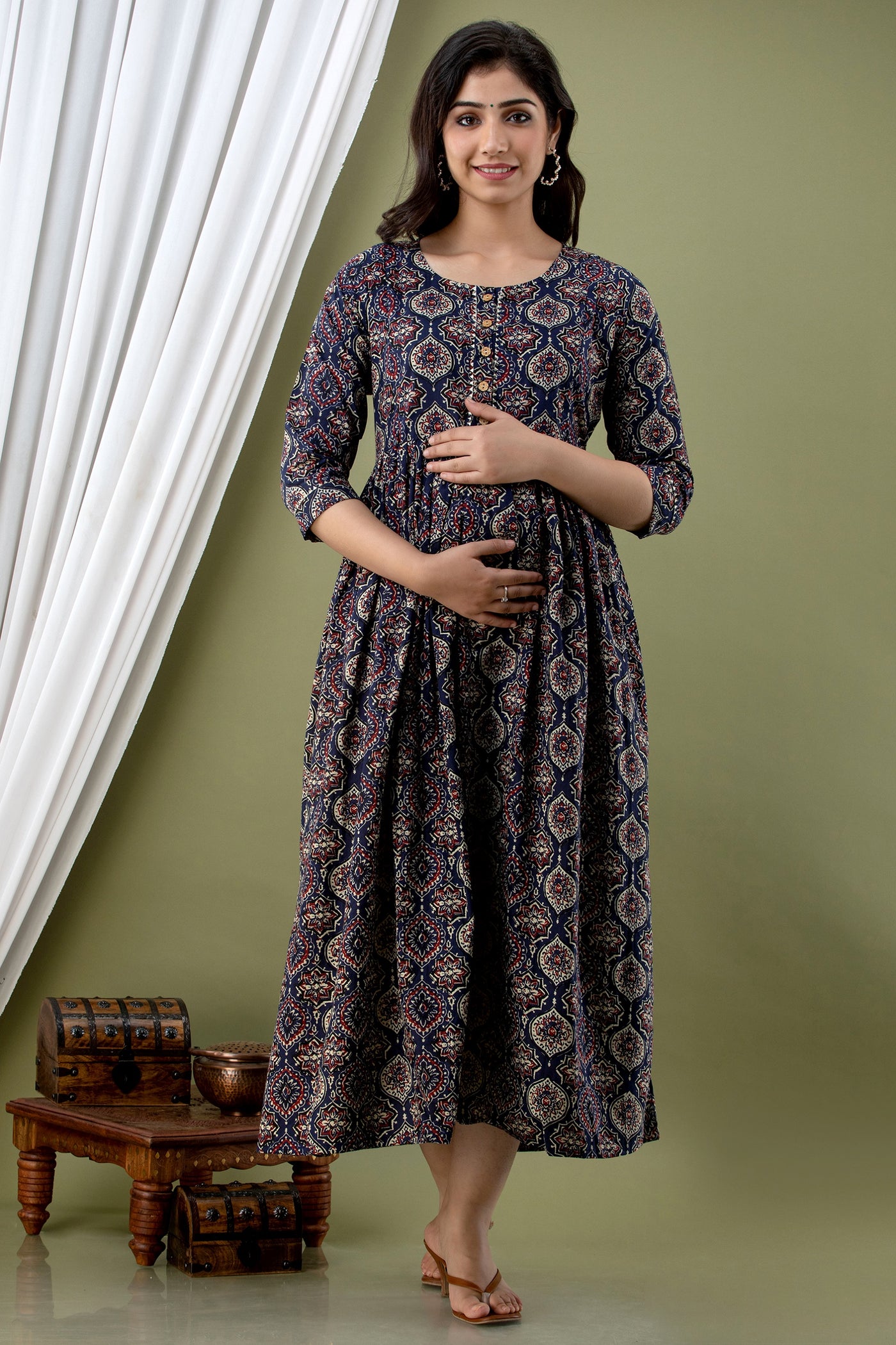 Navy Maternity Nursing Gown with Feeding Zip