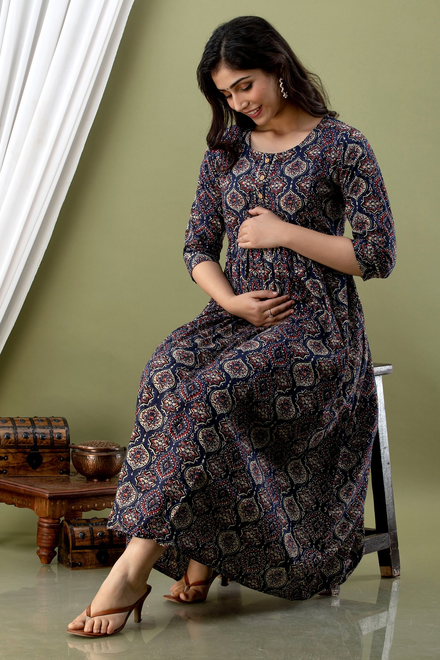 Navy Maternity Nursing Gown with Feeding Zip