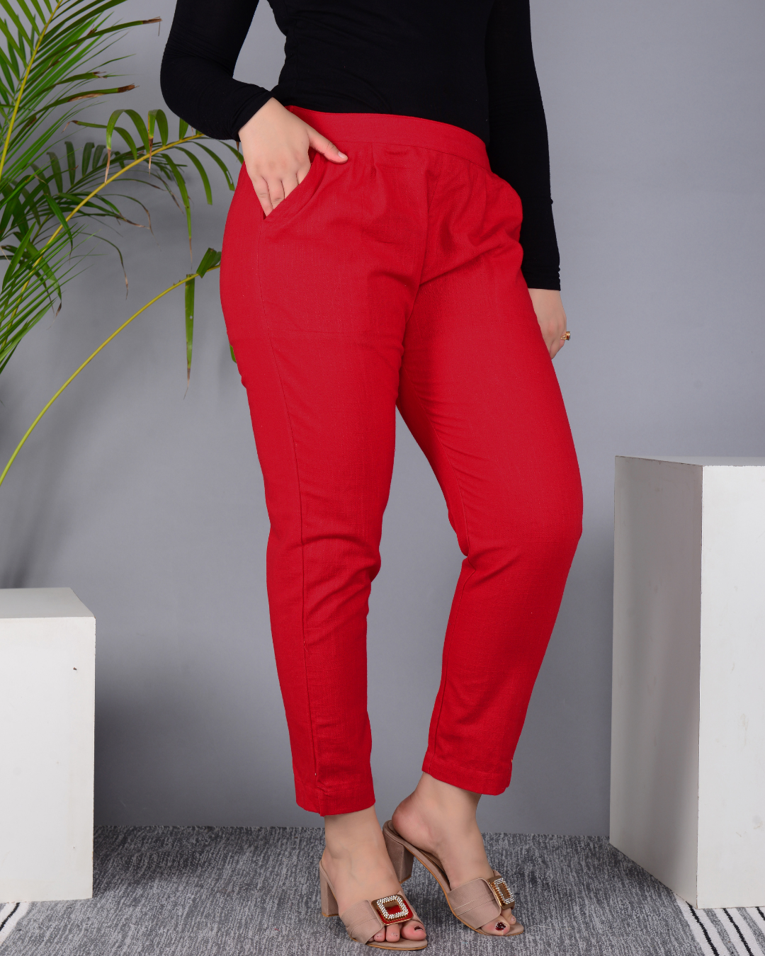 Red Solid Cotton Flex Women Regular Fit Trousers