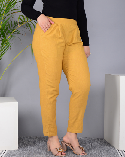 Golden Solid Cotton Flex Women Regular Fit Trousers