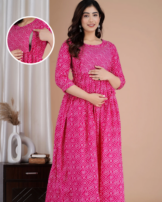 Rani Lehariya Bhandej Maternity Nursing Gown with Feeding Zip