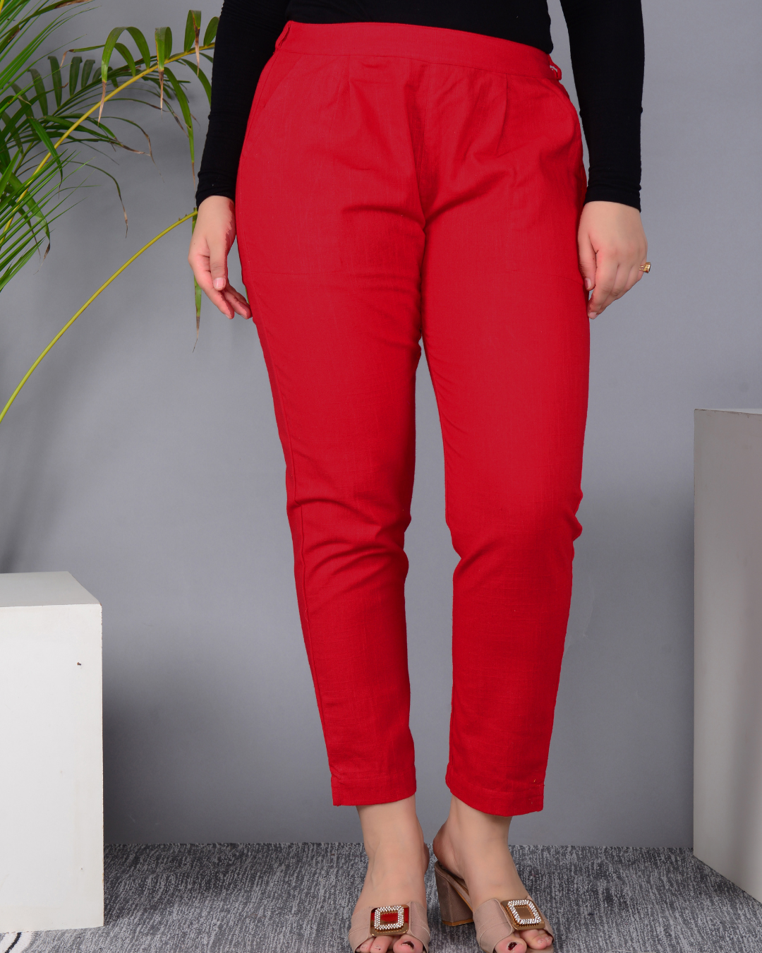 Red Solid Cotton Flex Women Regular Fit Trousers