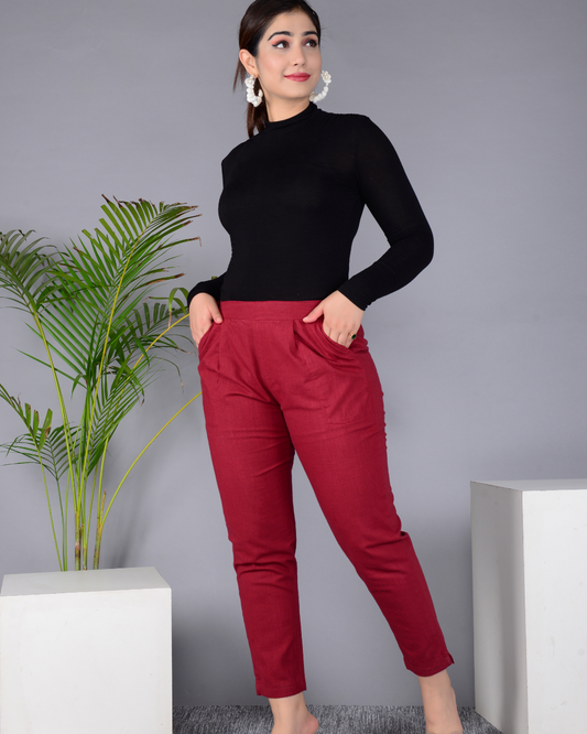 Maroon Solid Cotton Flex Women Regular Fit Trousers