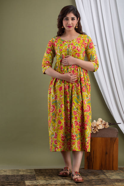 Mehndi Maternity Nursing Gown with Feeding Zip