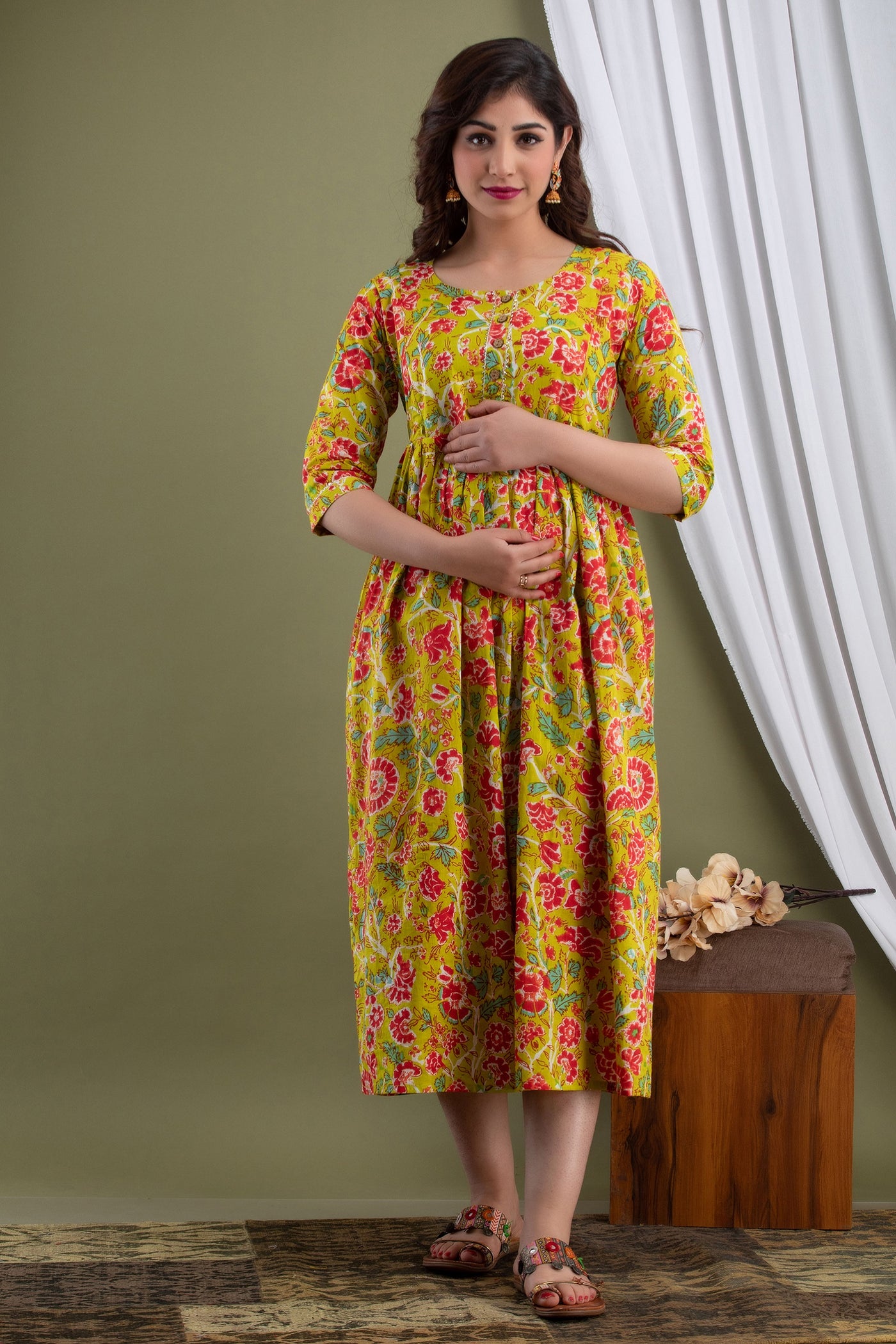 Mehndi Maternity Nursing Gown with Feeding Zip