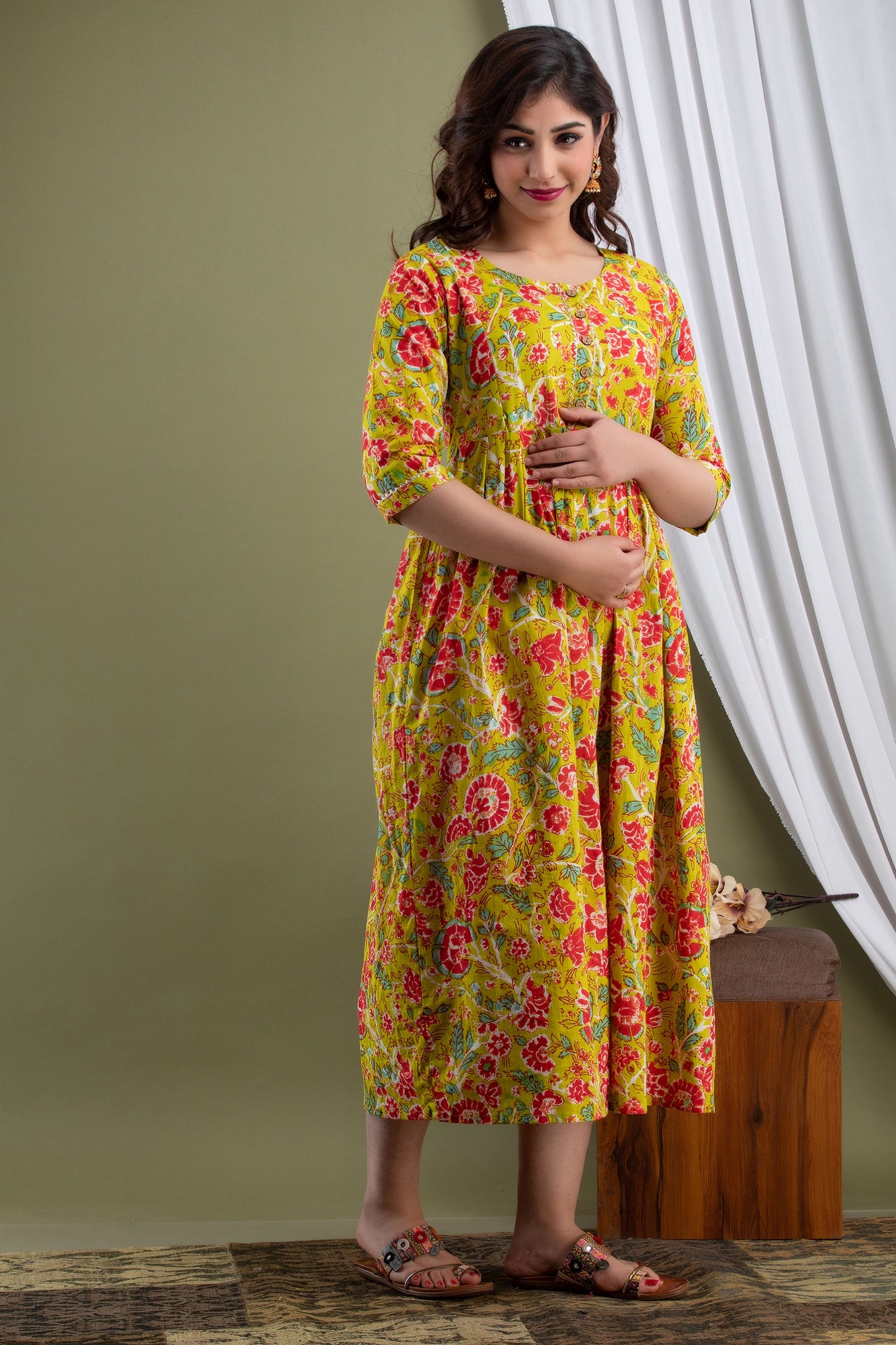 Mehndi Maternity Nursing Gown with Feeding Zip