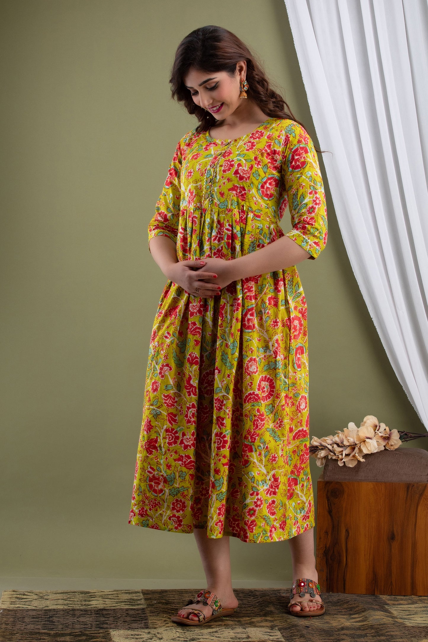 Mehndi Maternity Nursing Gown with Feeding Zip