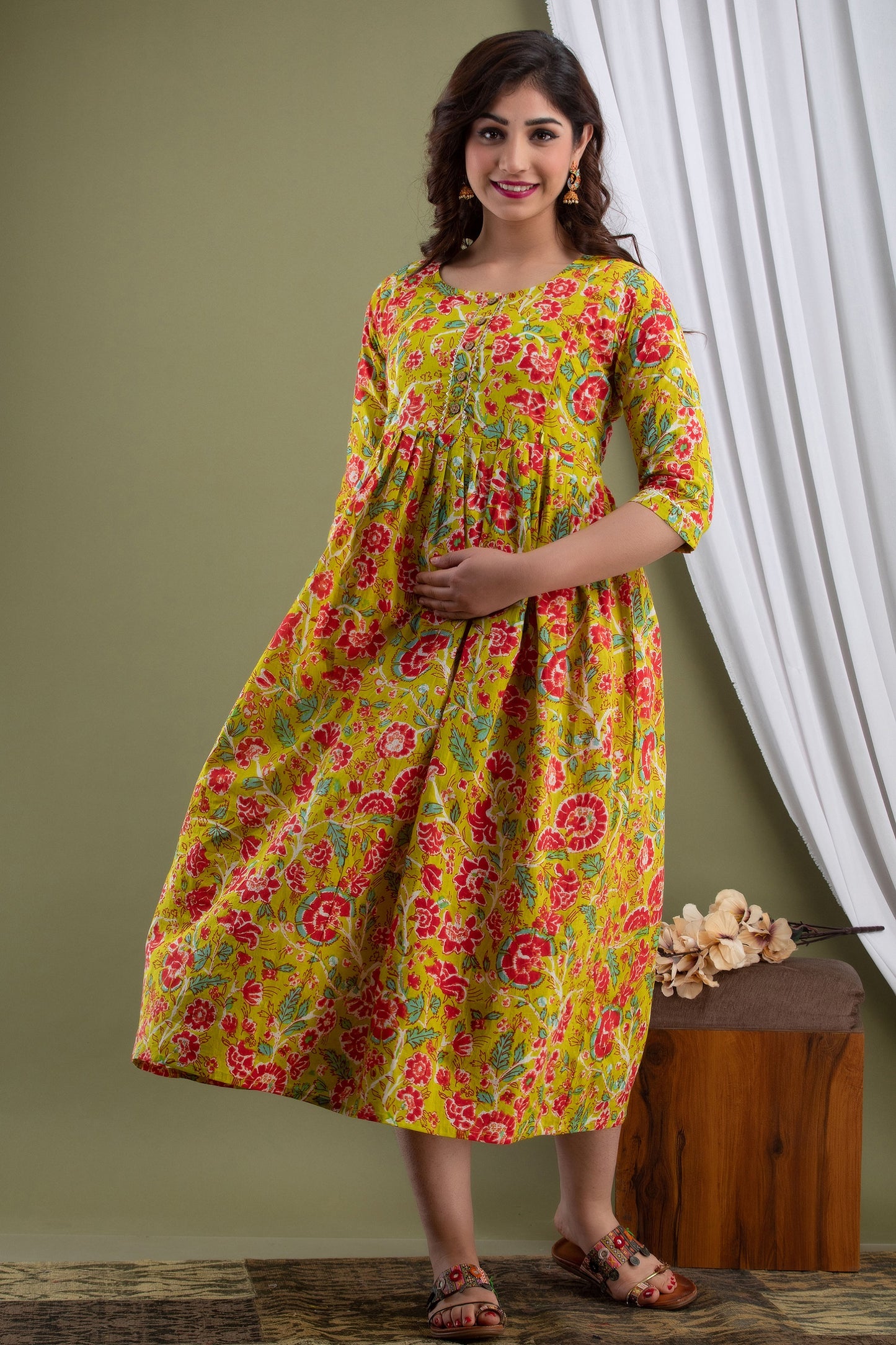 Mehndi Maternity Nursing Gown with Feeding Zip