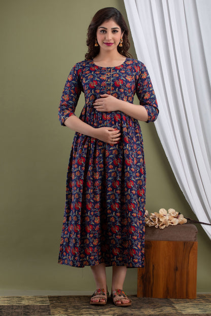 Red Blue Maternity Nursing Gown with Feeding Zip