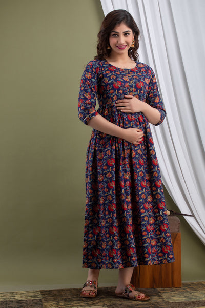 Red Blue Maternity Nursing Gown with Feeding Zip