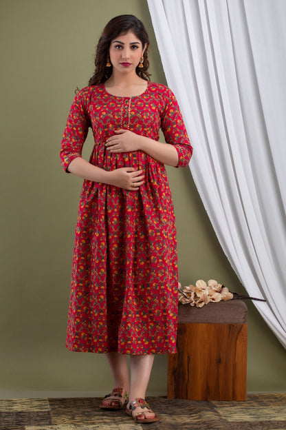 Dark Red Maternity Nursing Gown with Feeding Zip