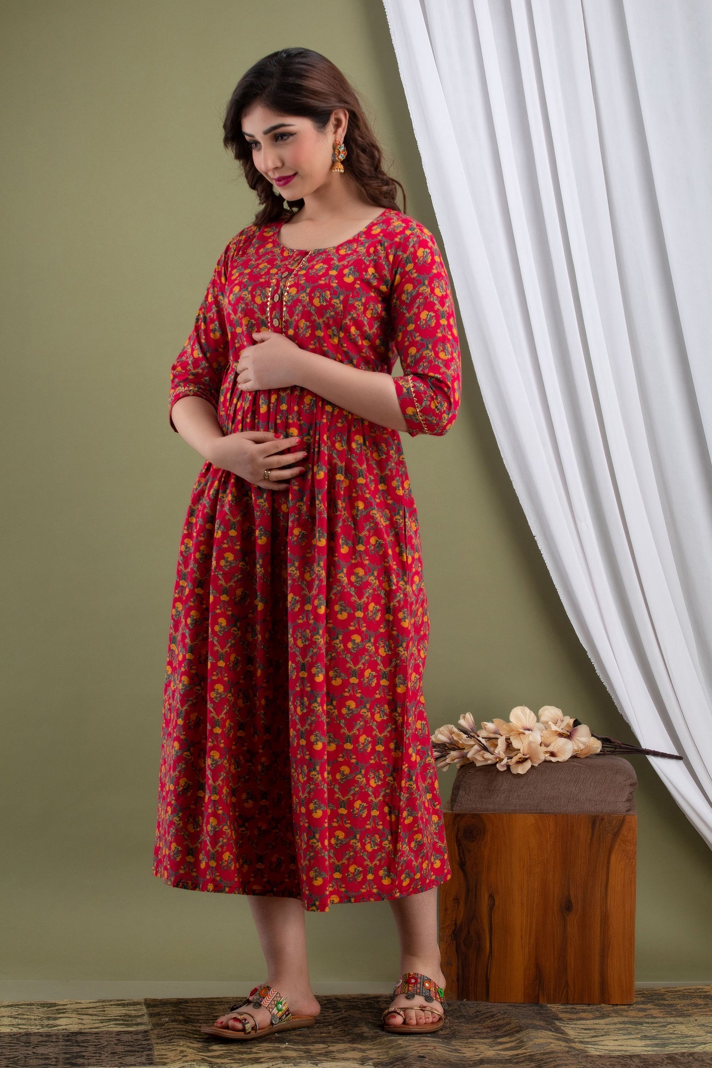 Dark Red Maternity Nursing Gown with Feeding Zip