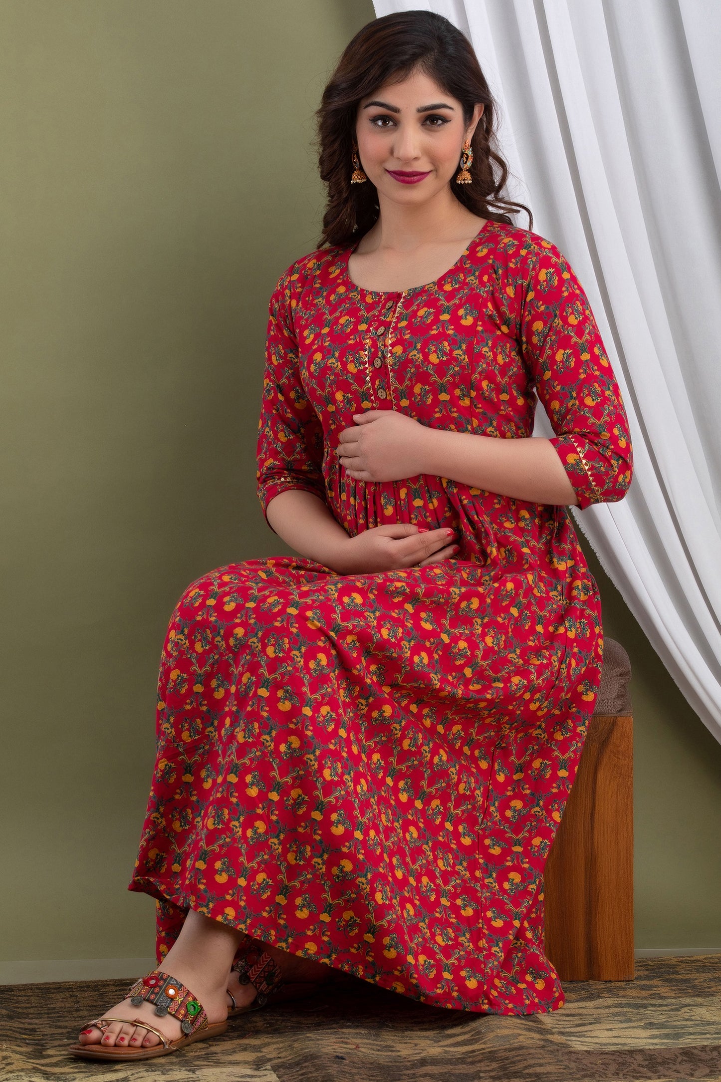 Dark Red Maternity Nursing Gown with Feeding Zip