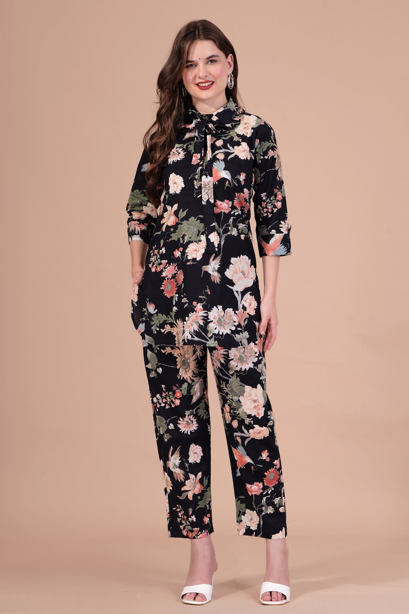 Zoya black flower printed cotton co-ord set with collar neck and belt