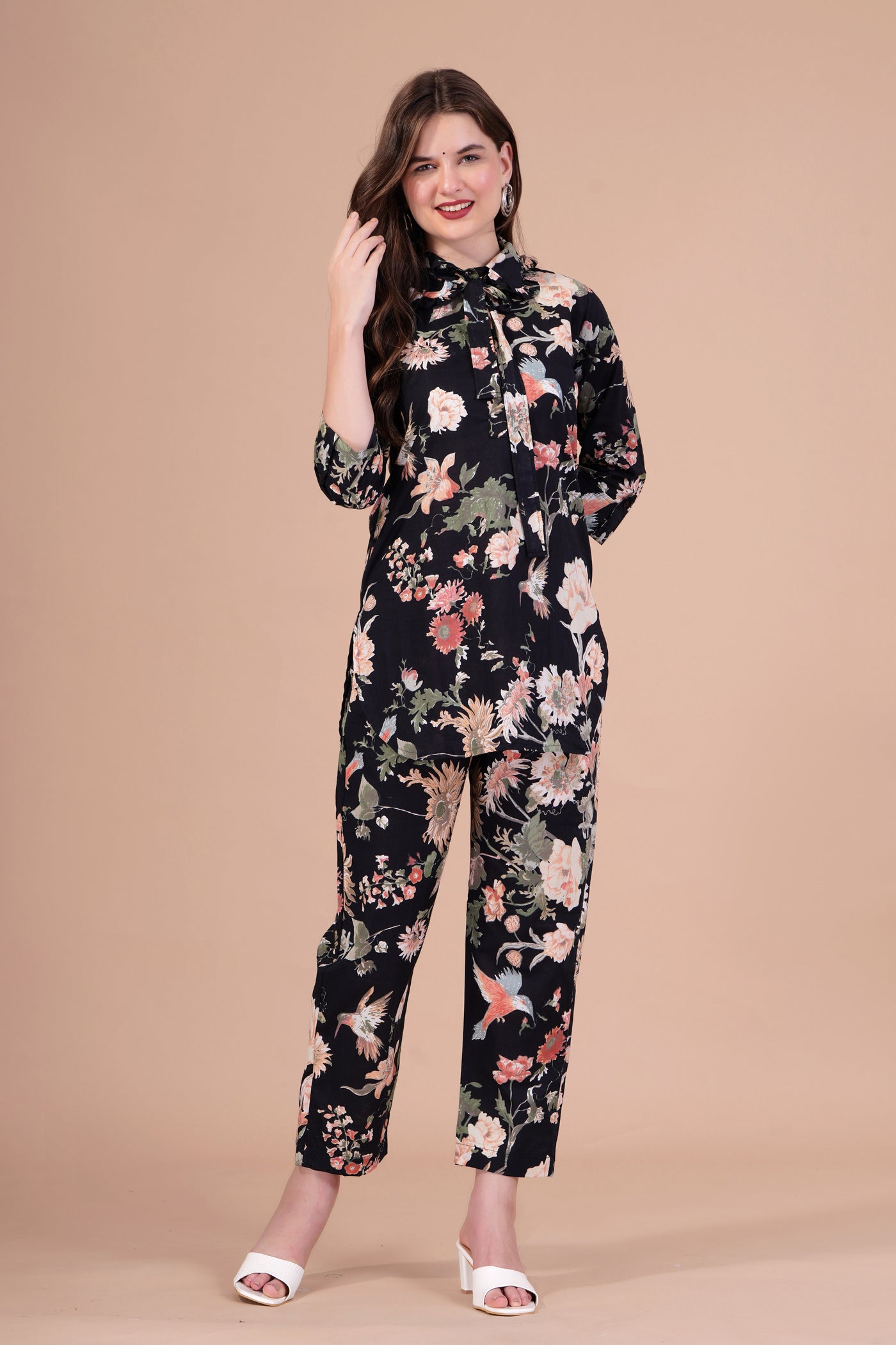 Zoya black flower printed cotton co-ord set with collar neck and belt