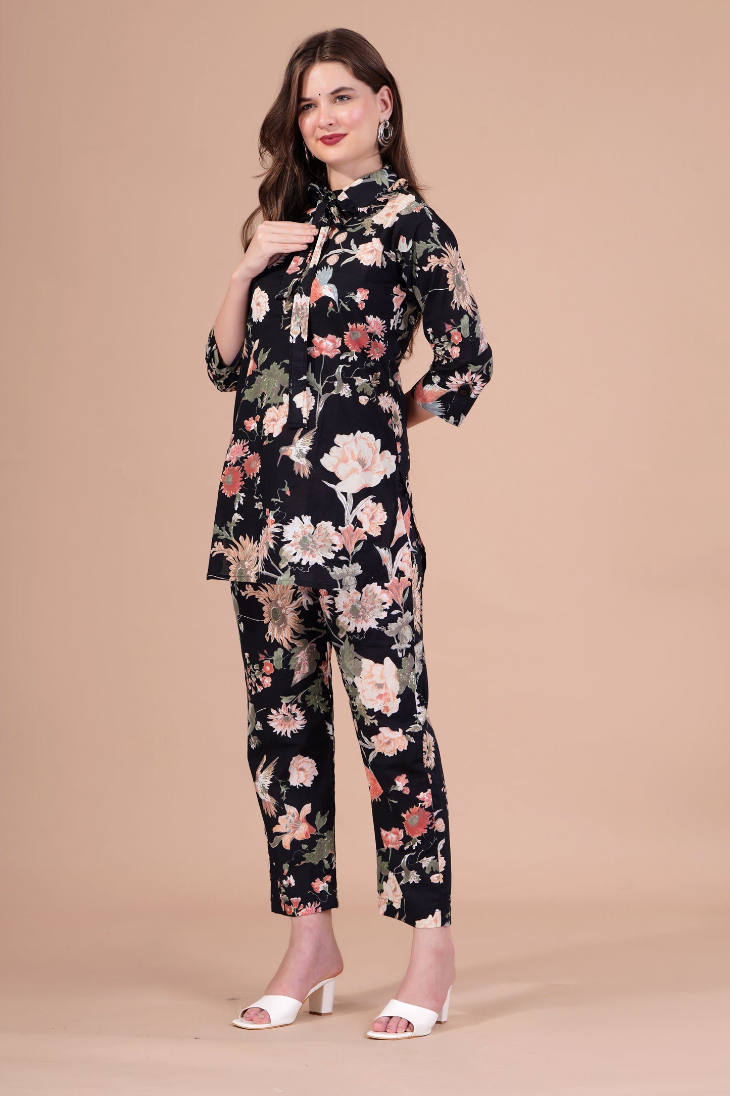 Zoya black flower printed cotton co-ord set with collar neck and belt