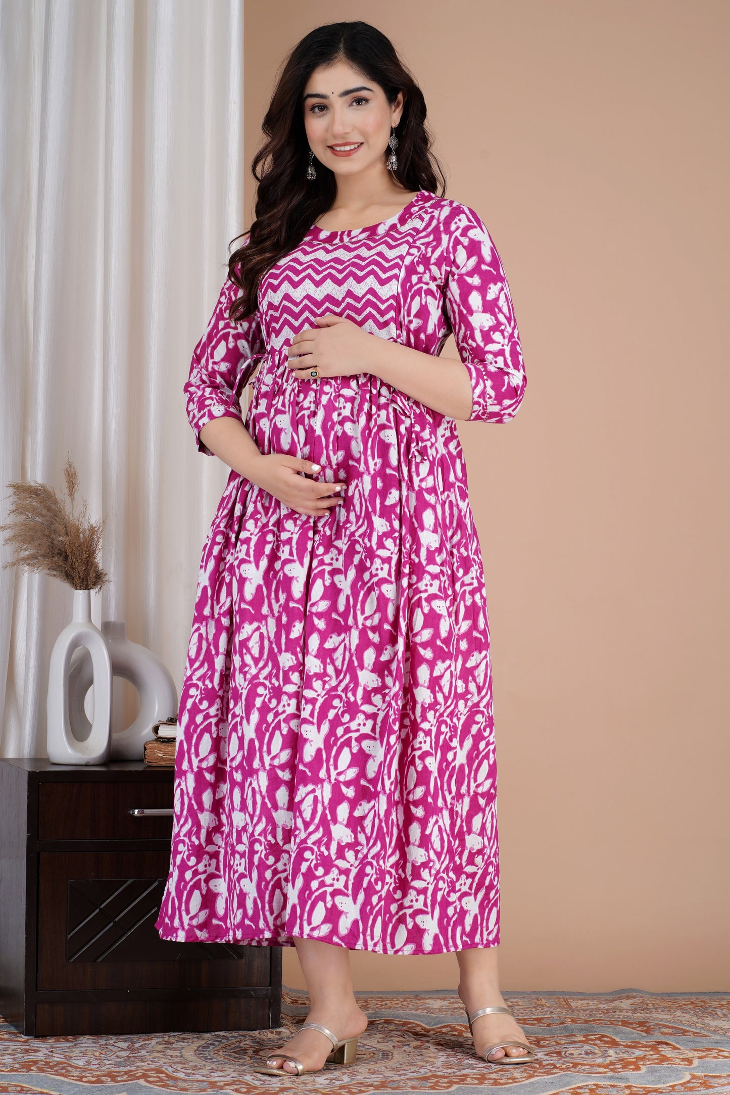 Bangani Zig Zeg Line Yog Maternity Nursing Gown with Feeding Zip