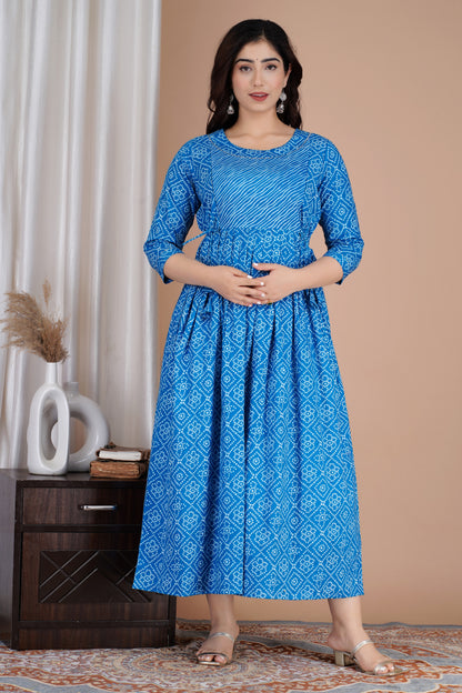 Blue Lehhariya Bhadej Maternity Nursing Gown with Feeding Zip