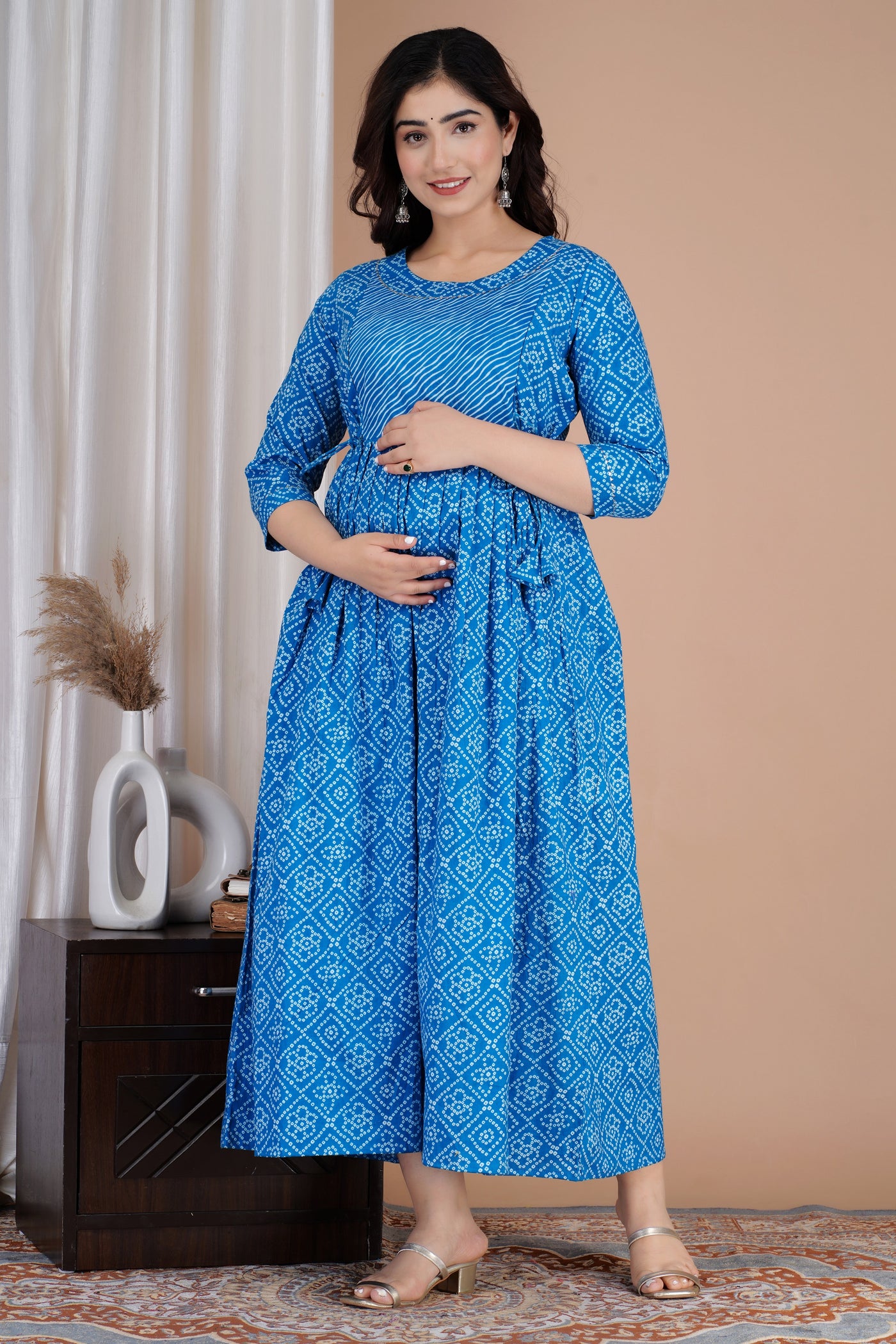 Blue Lehhariya Bhadej Maternity Nursing Gown with Feeding Zip