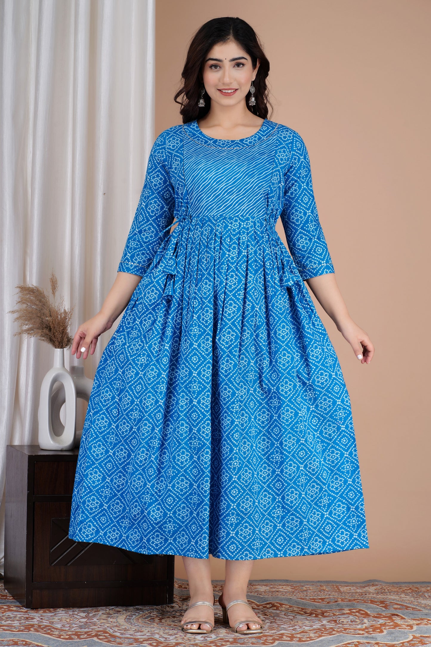 Blue Lehhariya Bhadej Maternity Nursing Gown with Feeding Zip