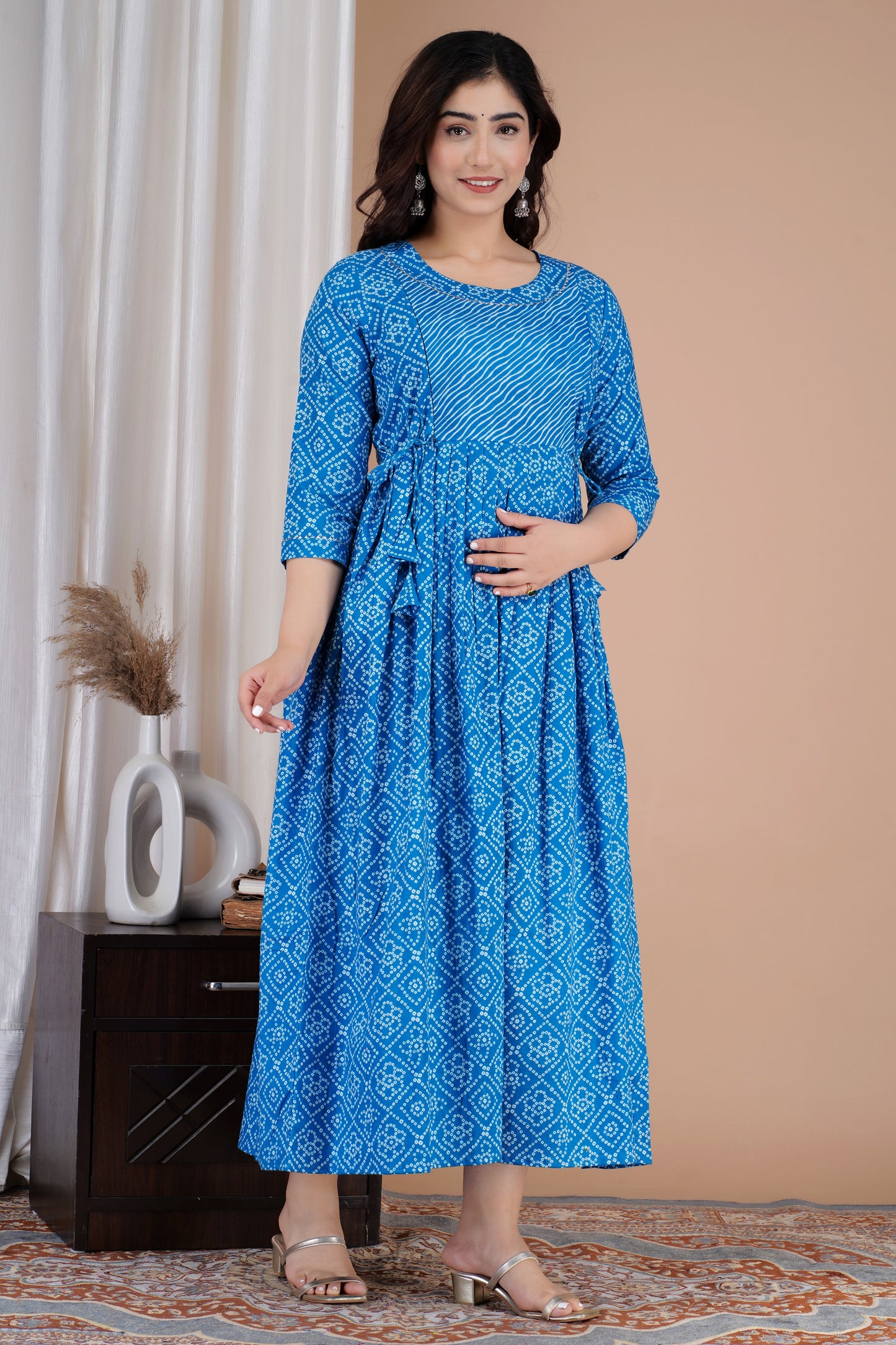 Blue Lehhariya Bhadej Maternity Nursing Gown with Feeding Zip