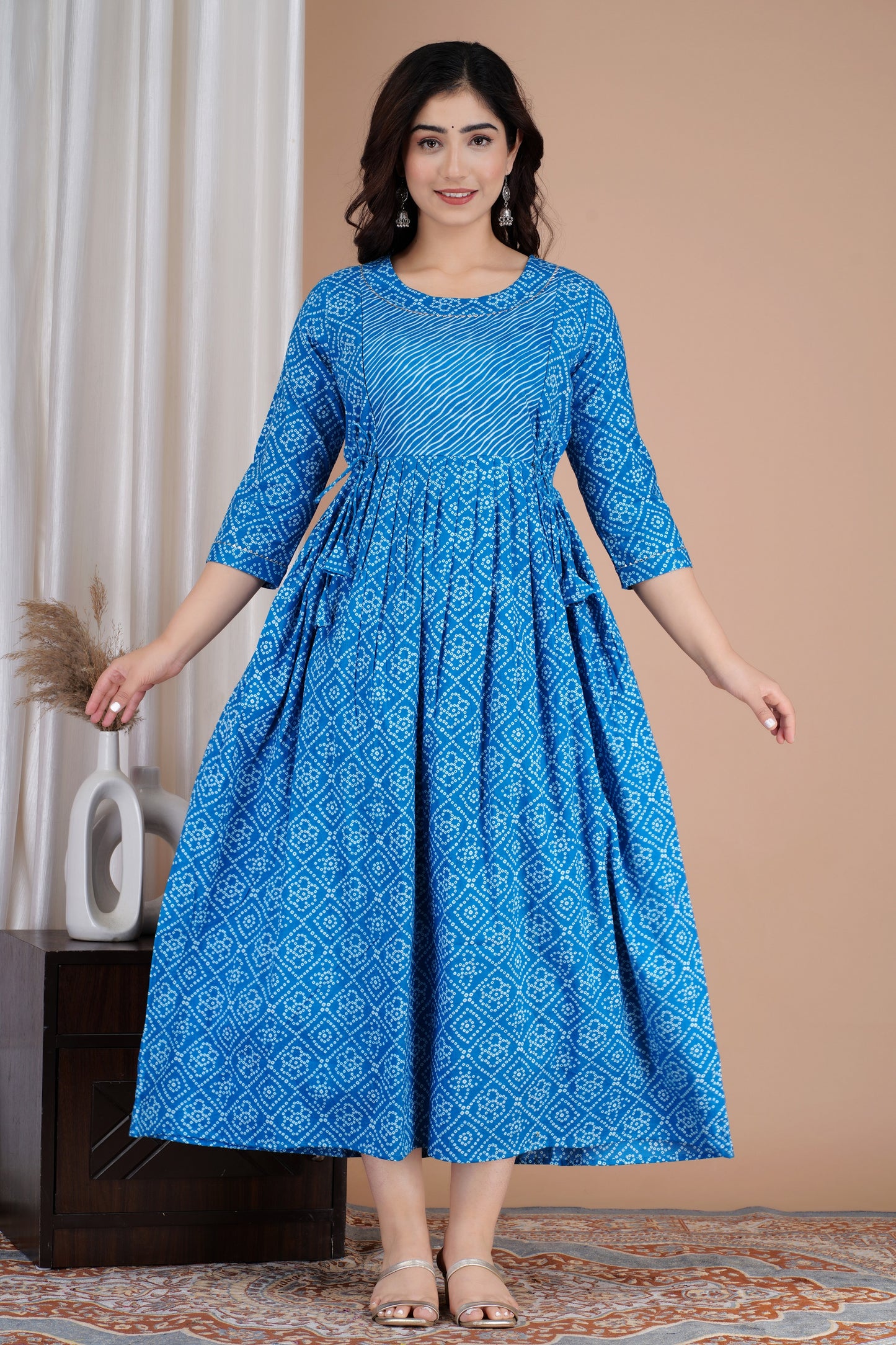 Blue Lehhariya Bhadej Maternity Nursing Gown with Feeding Zip