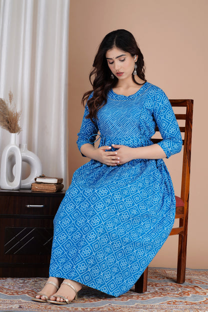 Blue Lehhariya Bhadej Maternity Nursing Gown with Feeding Zip