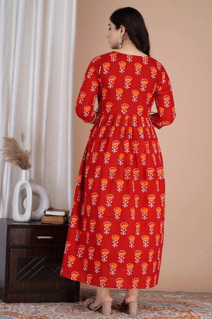 Red Orange Yog Maternity Nursing Gown with Feeding Zip