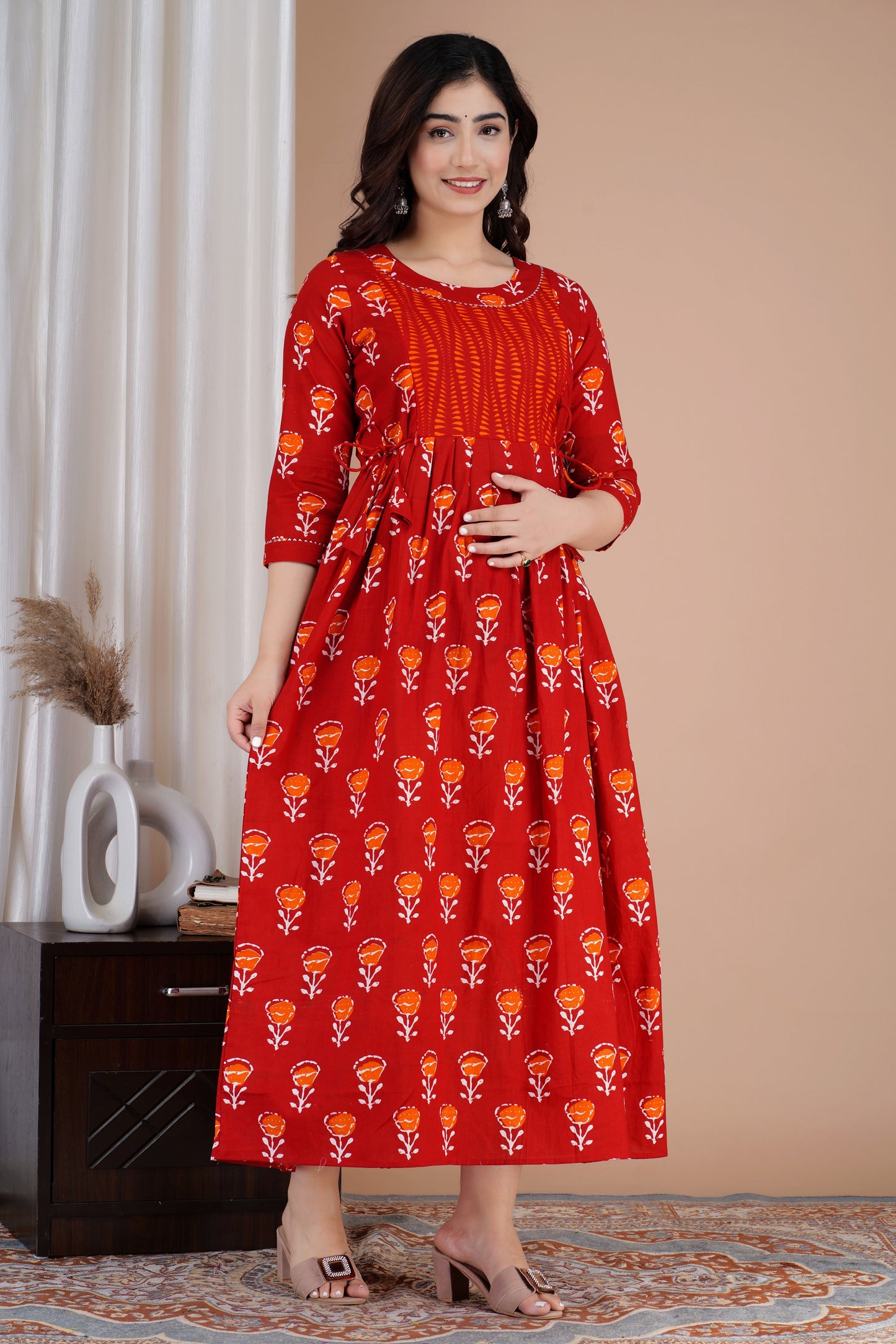 Red Orange Yog Maternity Nursing Gown with Feeding Zip