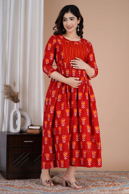 Red Orange Yog Maternity Nursing Gown with Feeding Zip