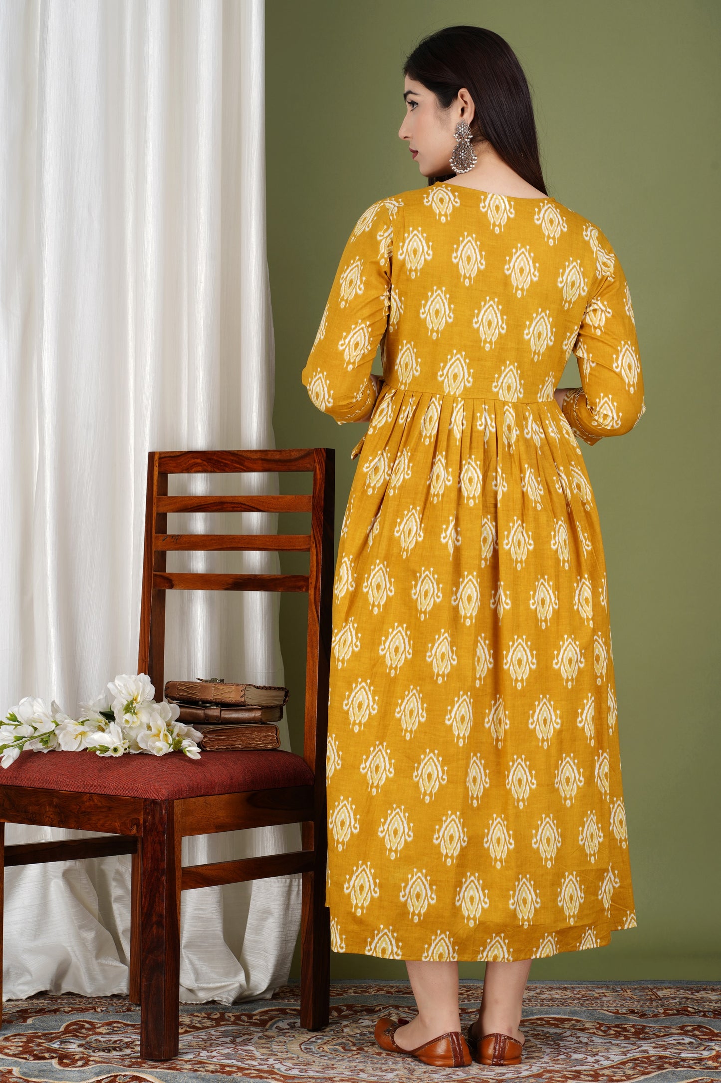 Mustard Box Print Yog Maternity Nursing Gown with Feeding Zip