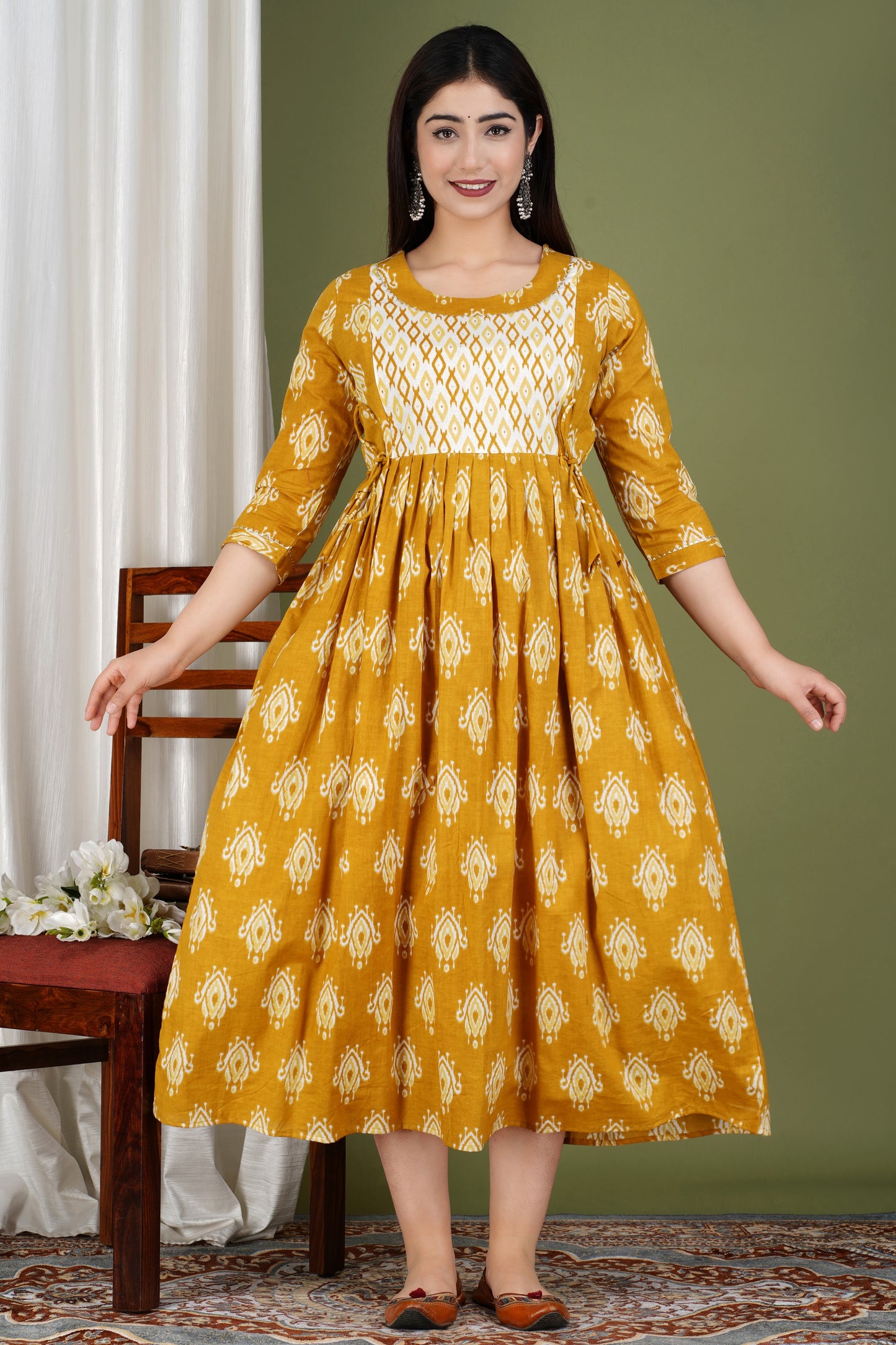 Mustard Box Print Yog Maternity Nursing Gown with Feeding Zip