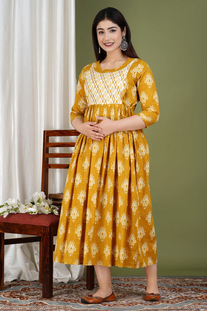 Mustard Box Print Yog Maternity Nursing Gown with Feeding Zip