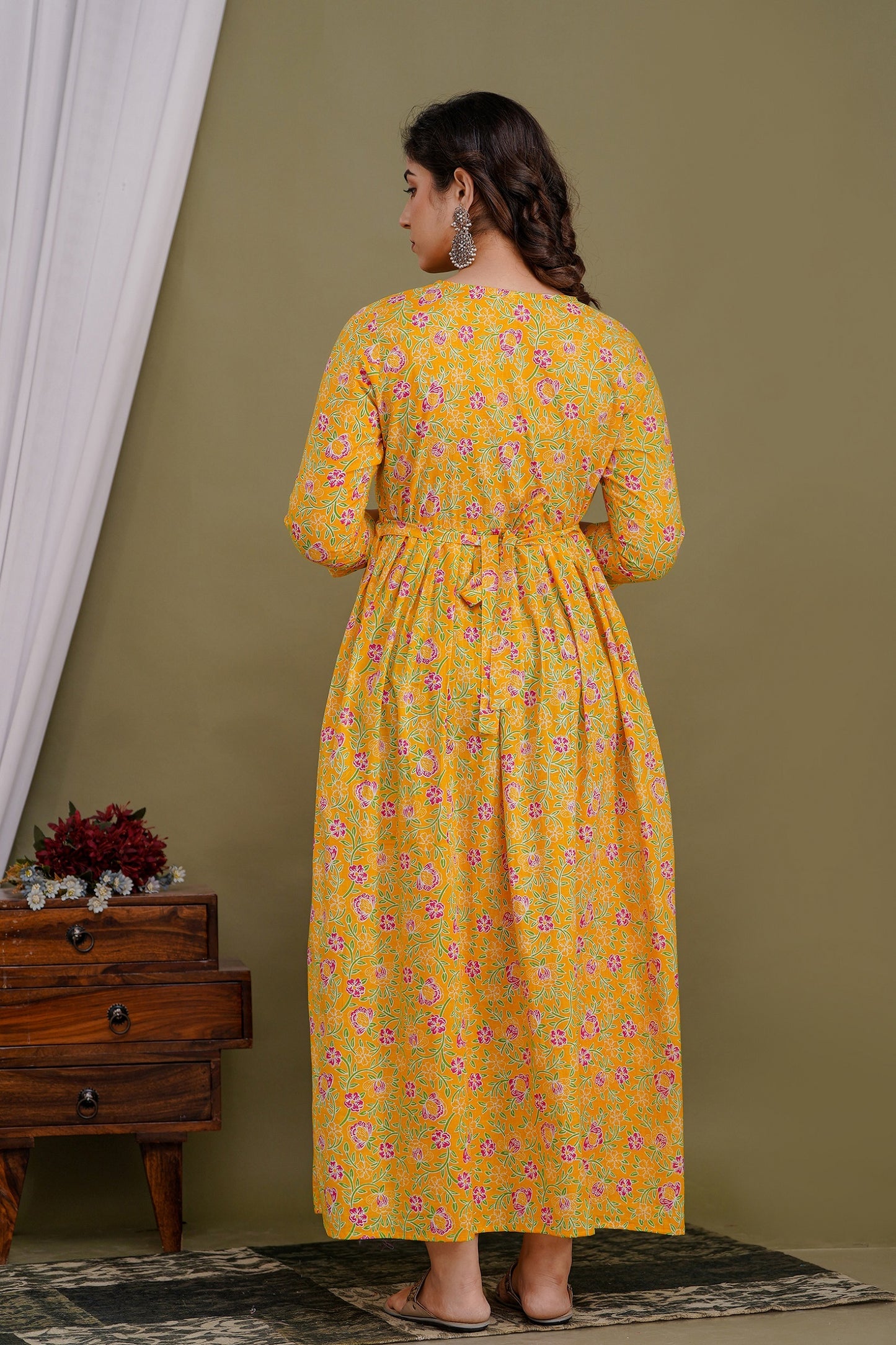 Carrot Orange Floral Print Maternity Nursing Gown with Feeding Zip