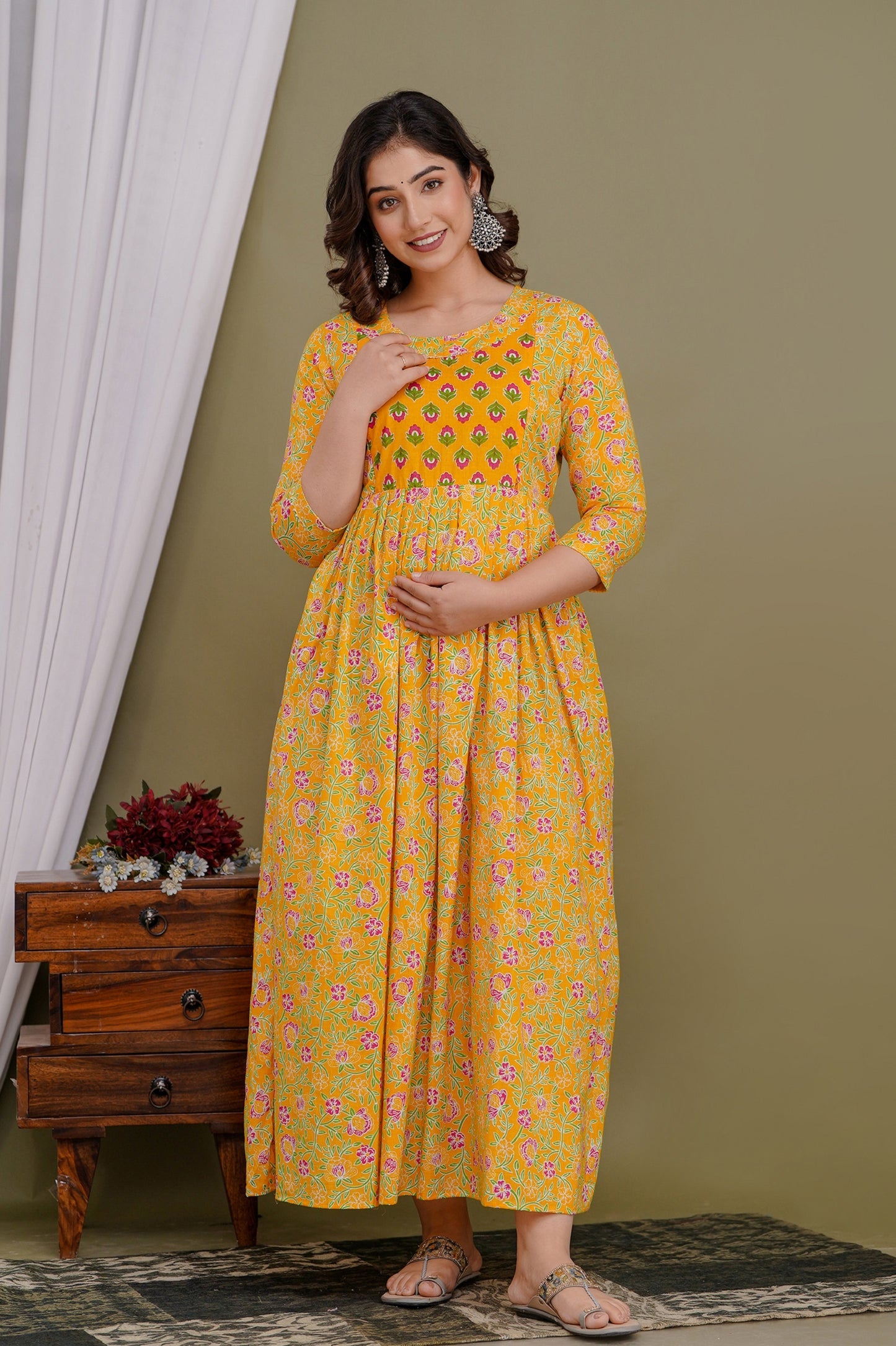 Carrot Orange Floral Print Maternity Nursing Gown with Feeding Zip