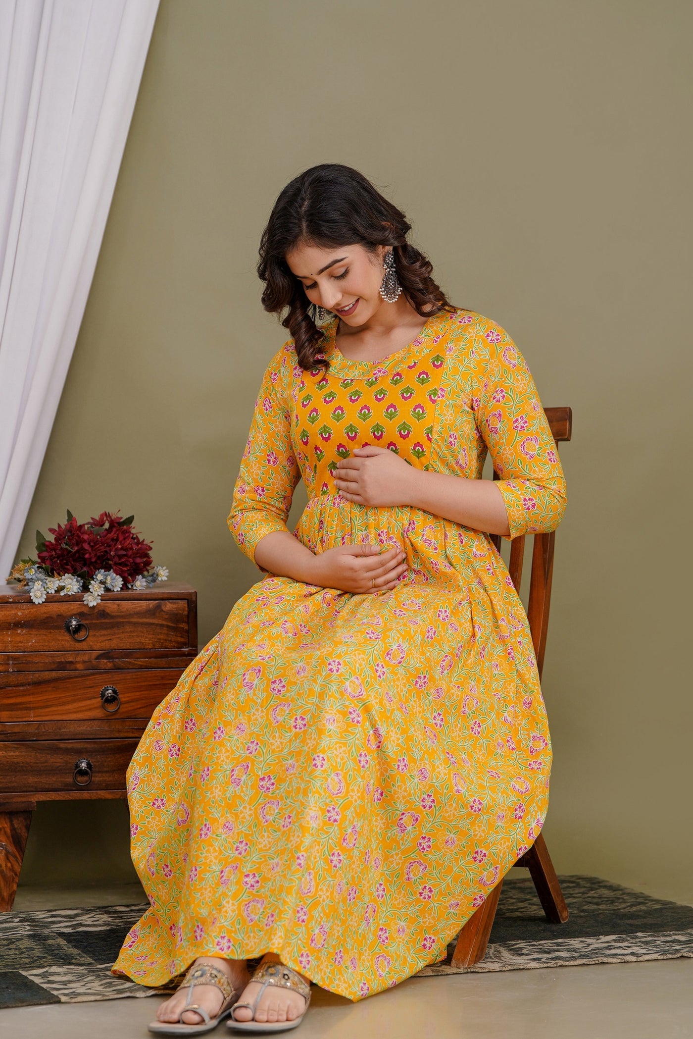 Carrot Orange Floral Print Maternity Nursing Gown with Feeding Zip