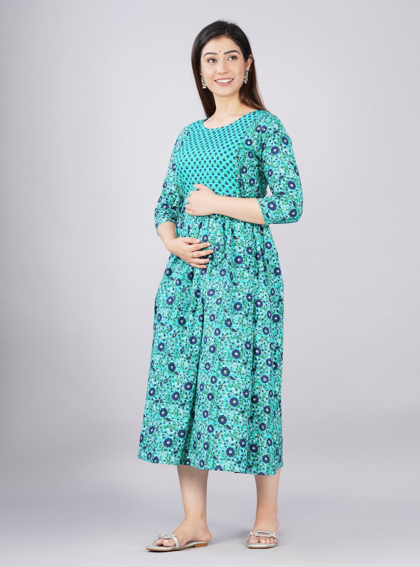 Rama Blue Dot Yog Dori Gawan Maternity Nursing Gown with Feeding Zip