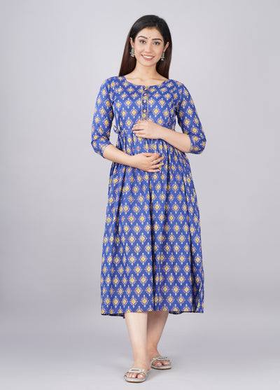 Blue Dori Maternity Nursing Gown with Feeding Zip
