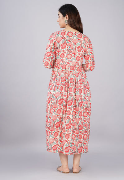 Off White Flower Print Maternity Nursing Gown with Feeding Zip