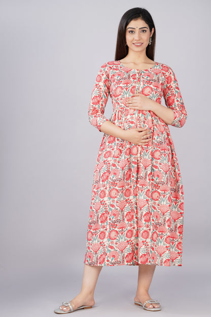 Off White Flower Print Maternity Nursing Gown with Feeding Zip